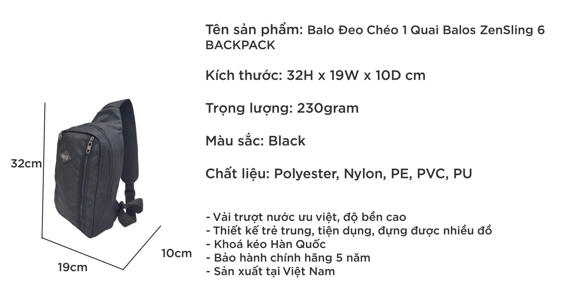 Balos ZEN SLING 6 Black - Balo chéo một quai