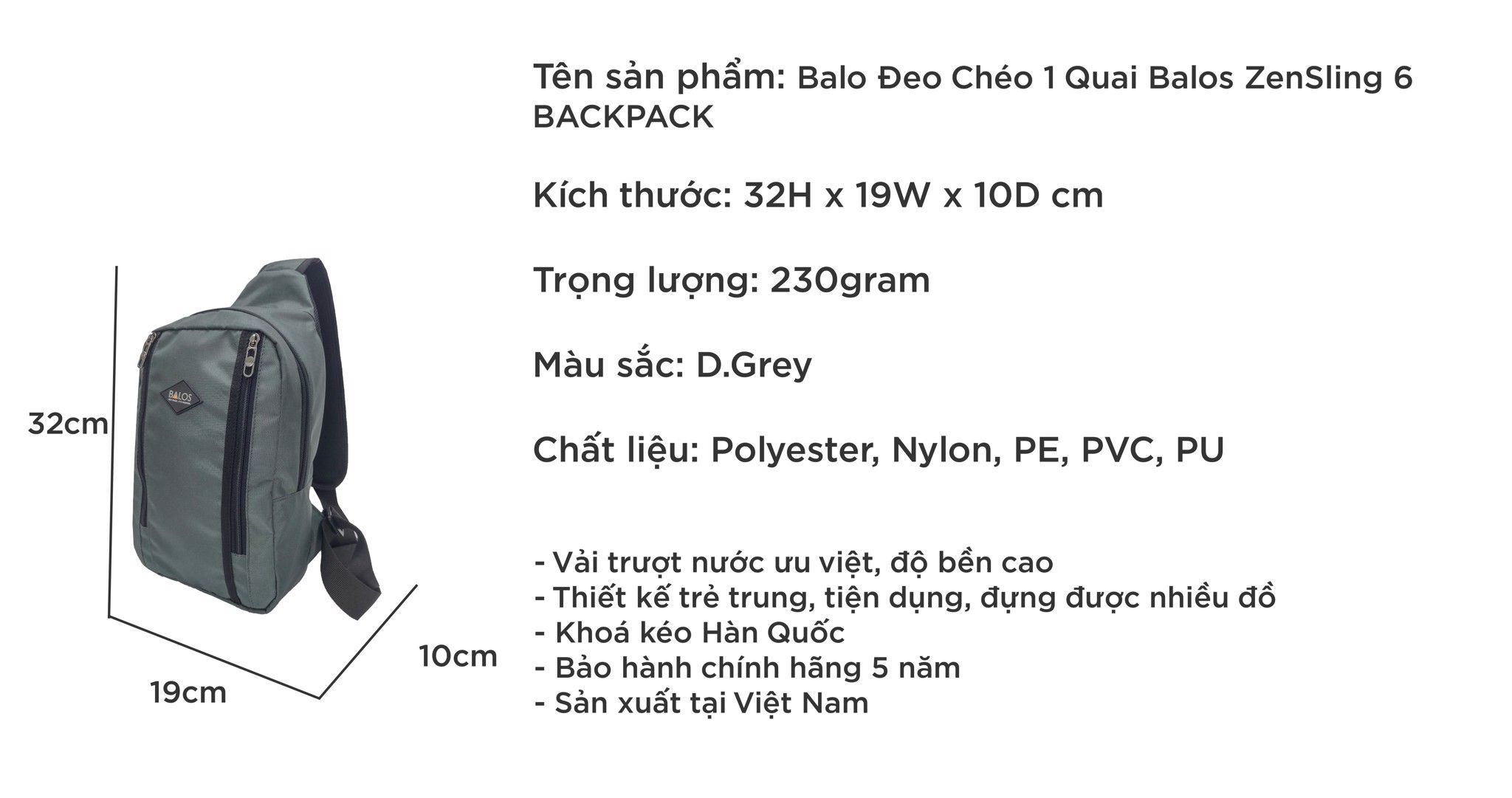 Balos ZEN SLING 6 D.Grey - Balo chéo một quai