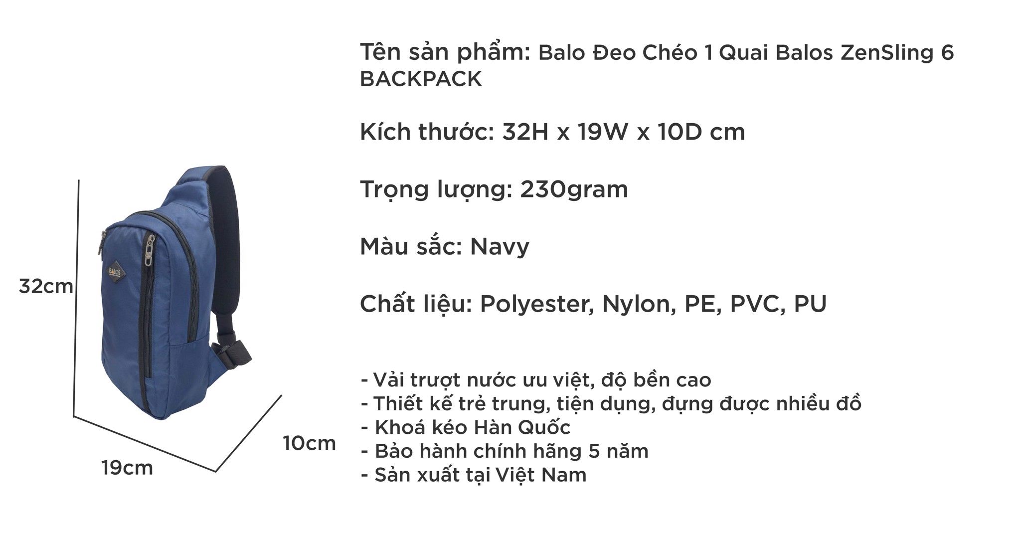  Balos ZEN SLING 6 Navy - Balo chéo một quai 