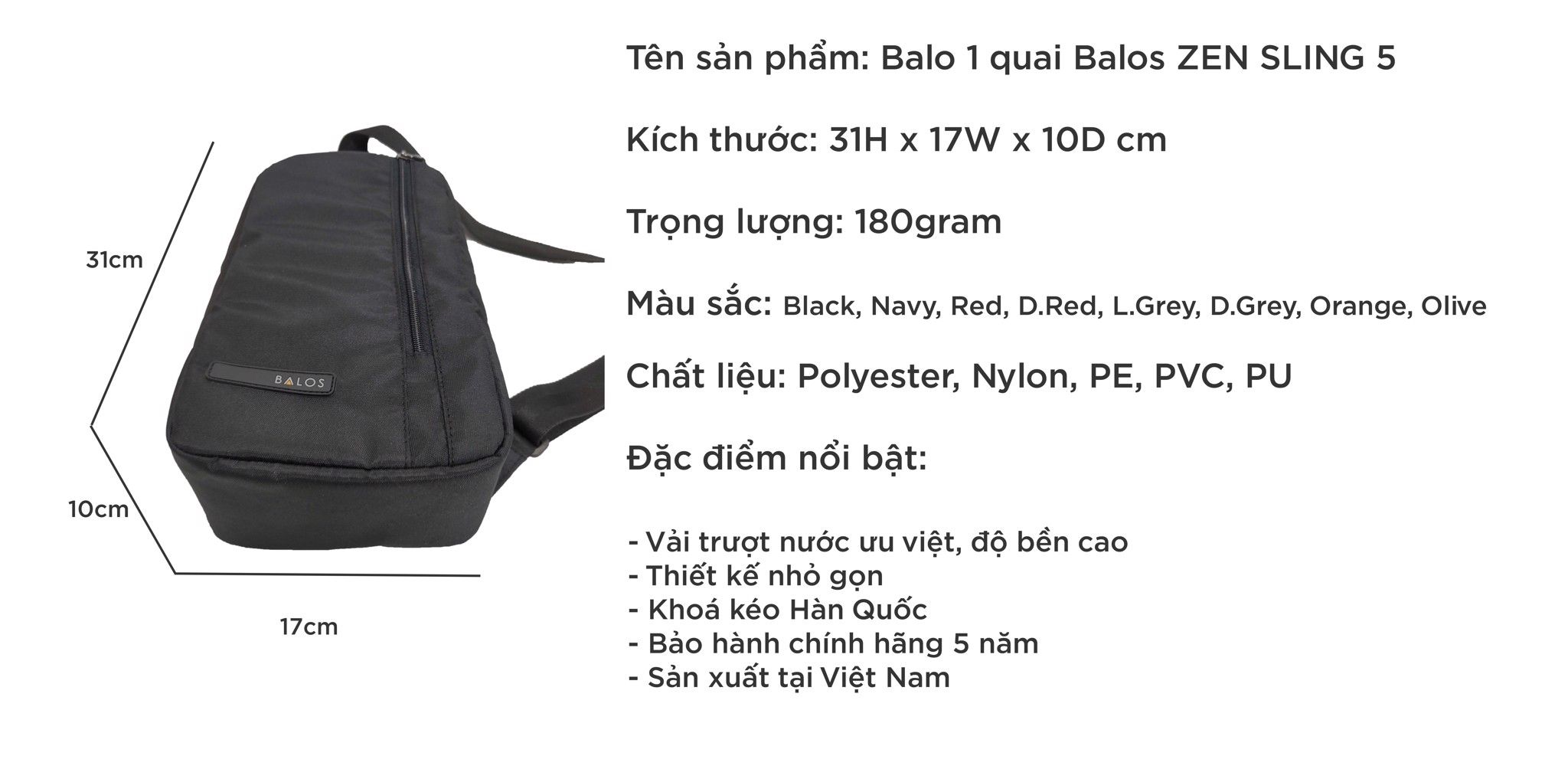  Balos ZEN SLING 5 Black - Balo chéo một quai 