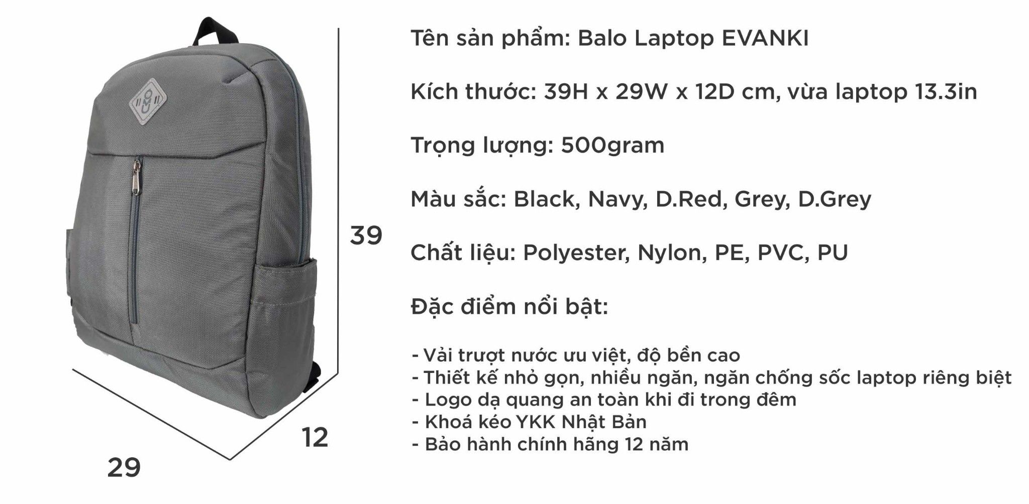 Balo UMO EVANKI BackPack Grey- Balo Laptop Cao Cấp