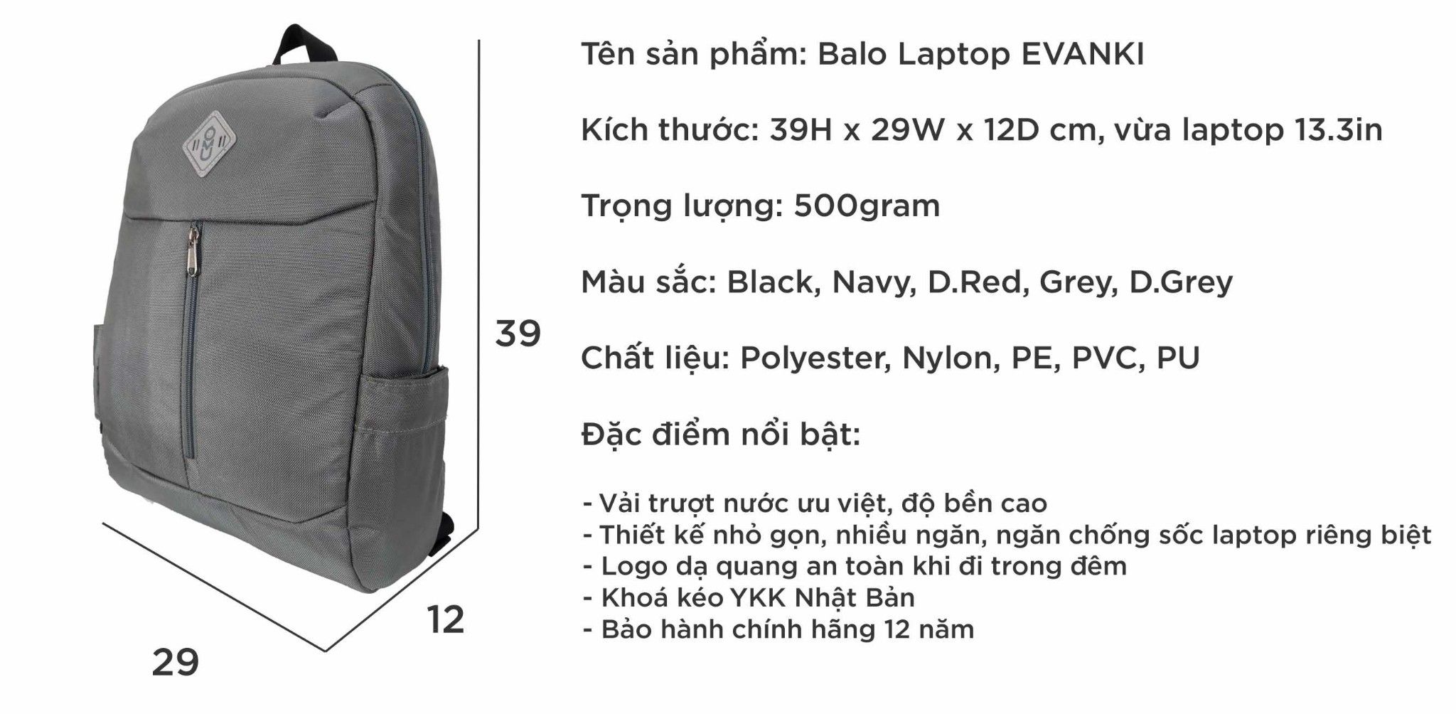  Balo UMO EVANKI BackPack Grey- Balo Laptop Cao Cấp 