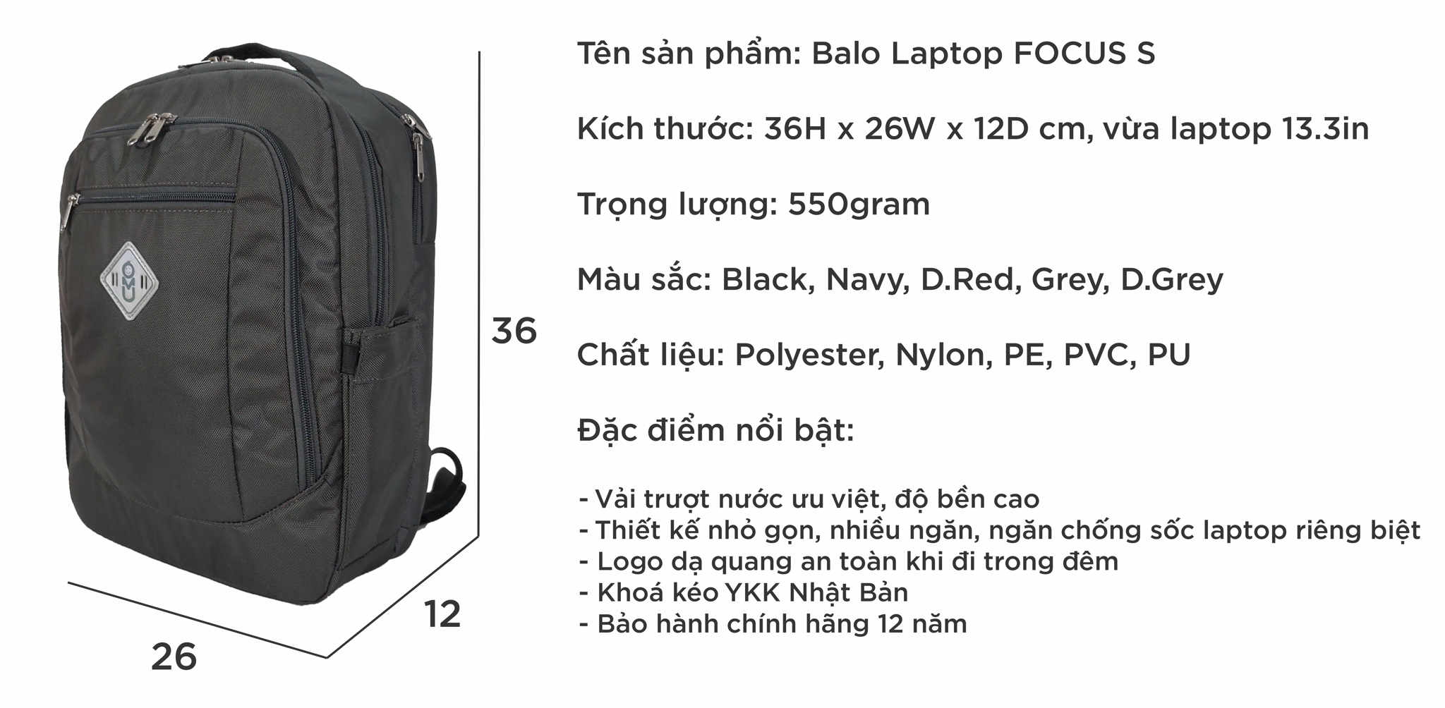  Balo UMO FOCUS BackPack D.Grey- Balo Laptop Cao Cấp 