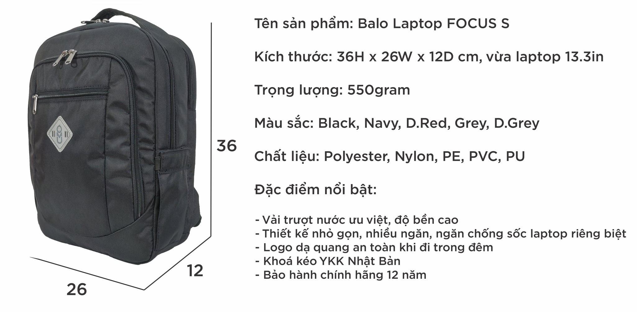  Balo UMO FOCUS BackPack Black- Balo Laptop Cao Cấp 