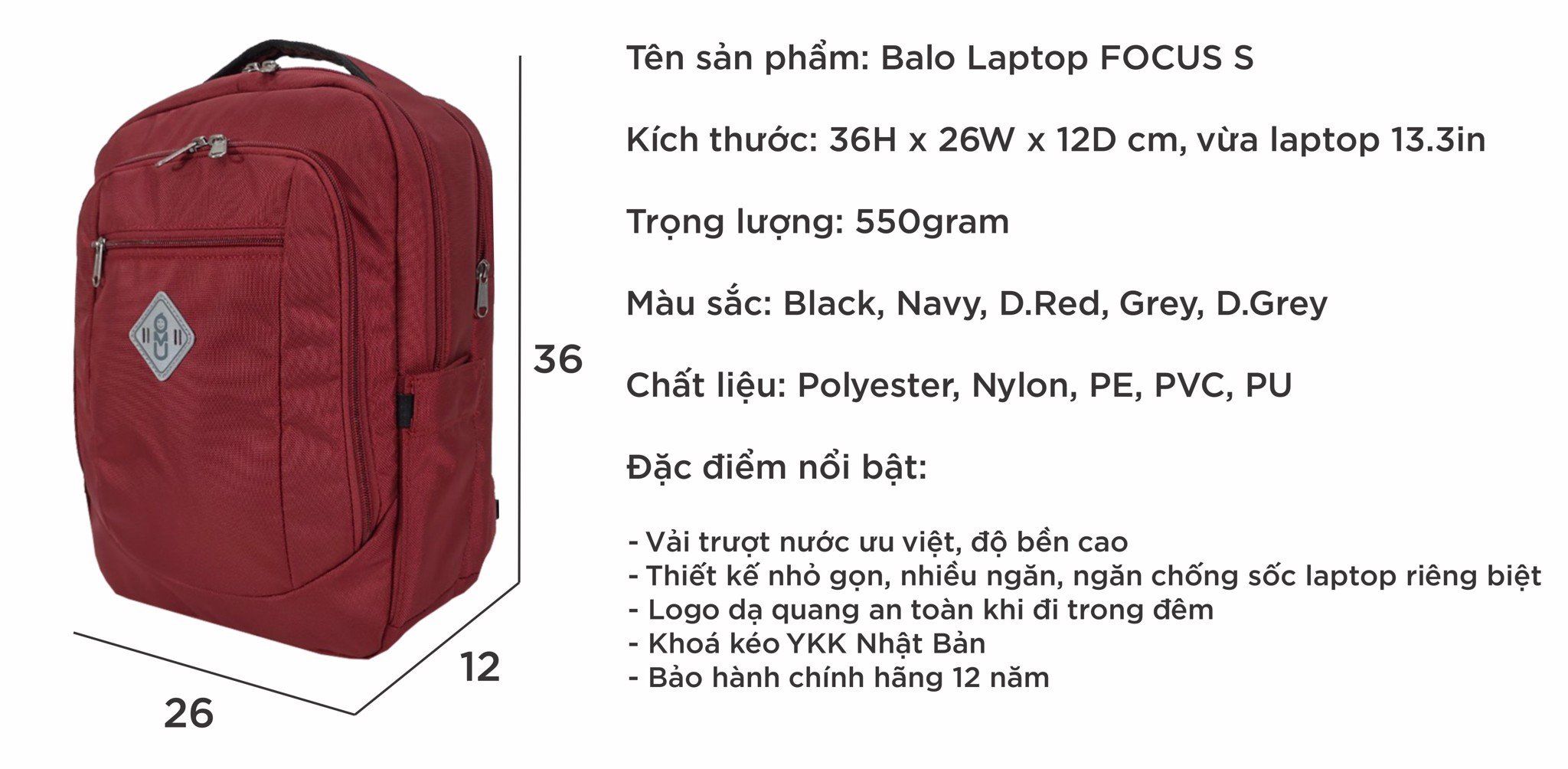  Balo UMO FOCUS BackPack D.Red- Balo Laptop Cao Cấp 