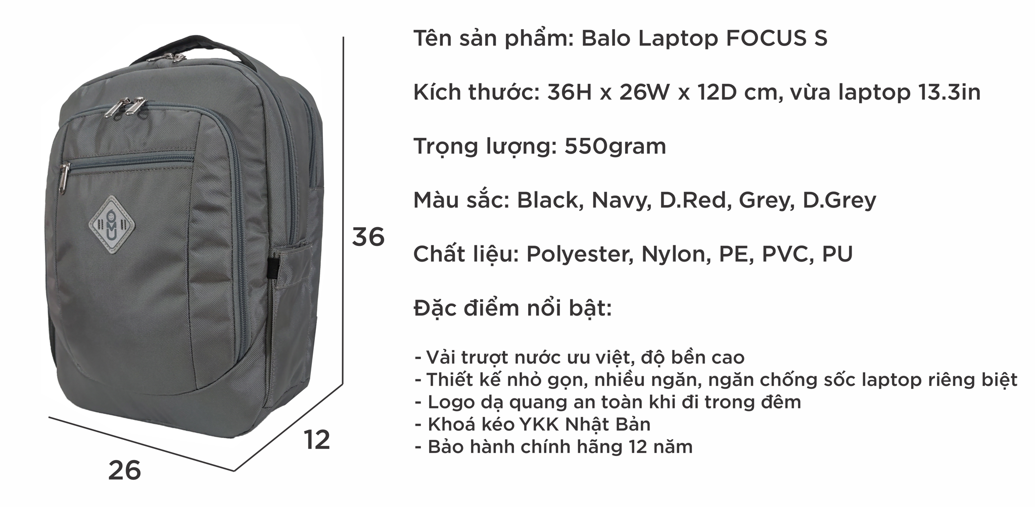  Balo UMO FOCUS BackPack Grey- Balo Laptop Cao Cấp 