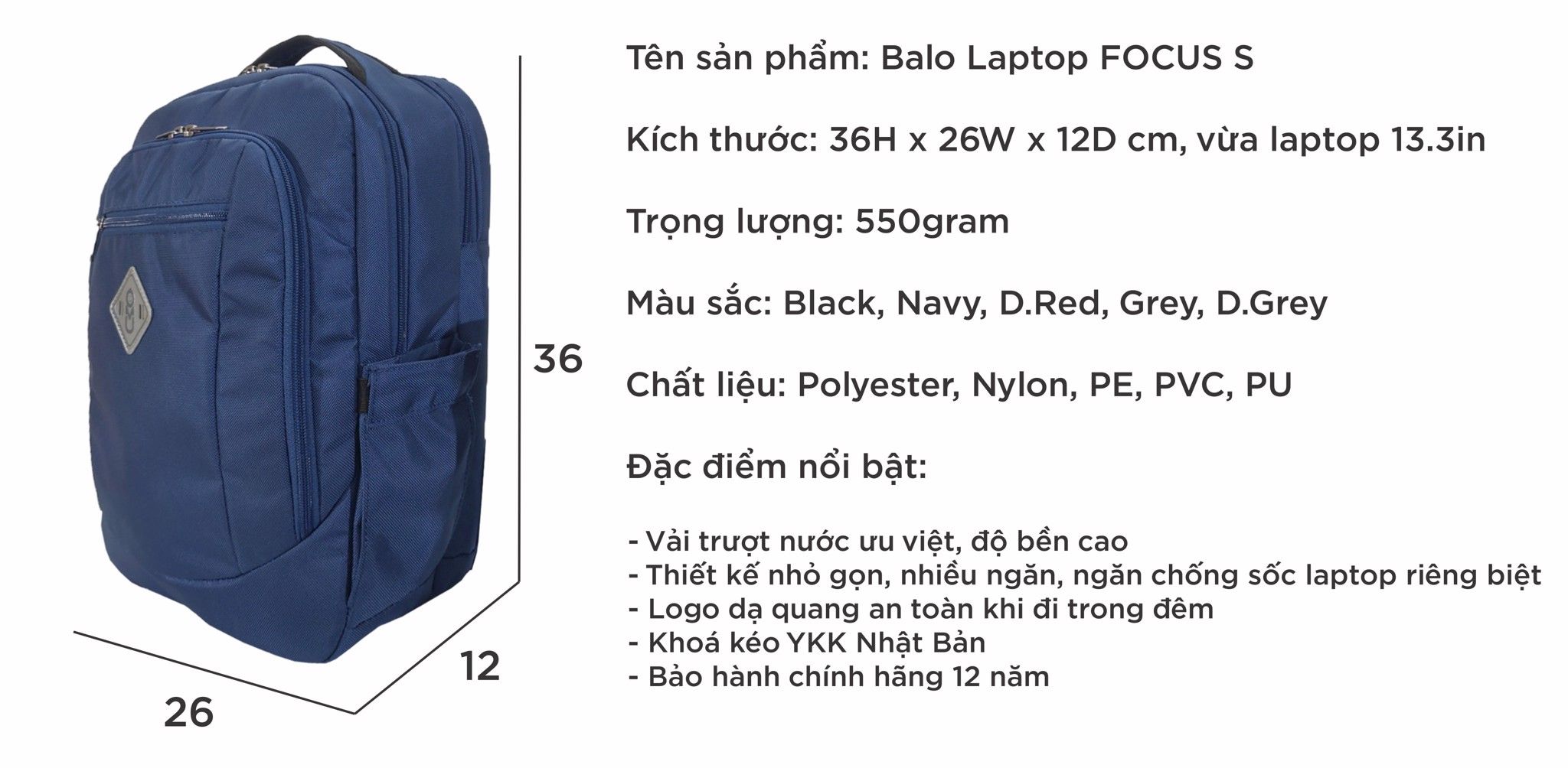  Balo UMO FOCUS BackPack Navy- Balo Laptop Cao Cấp 