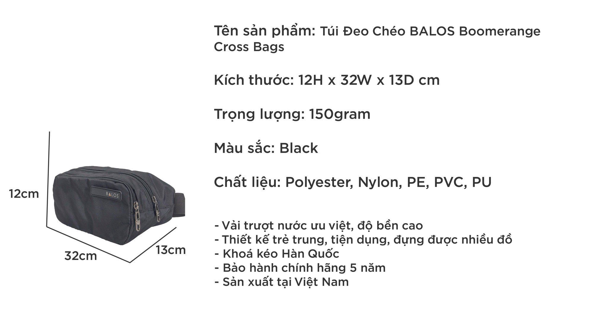  Balos BOOMERANGE Cross Bags Black - Túi đeo chéo thời trang 