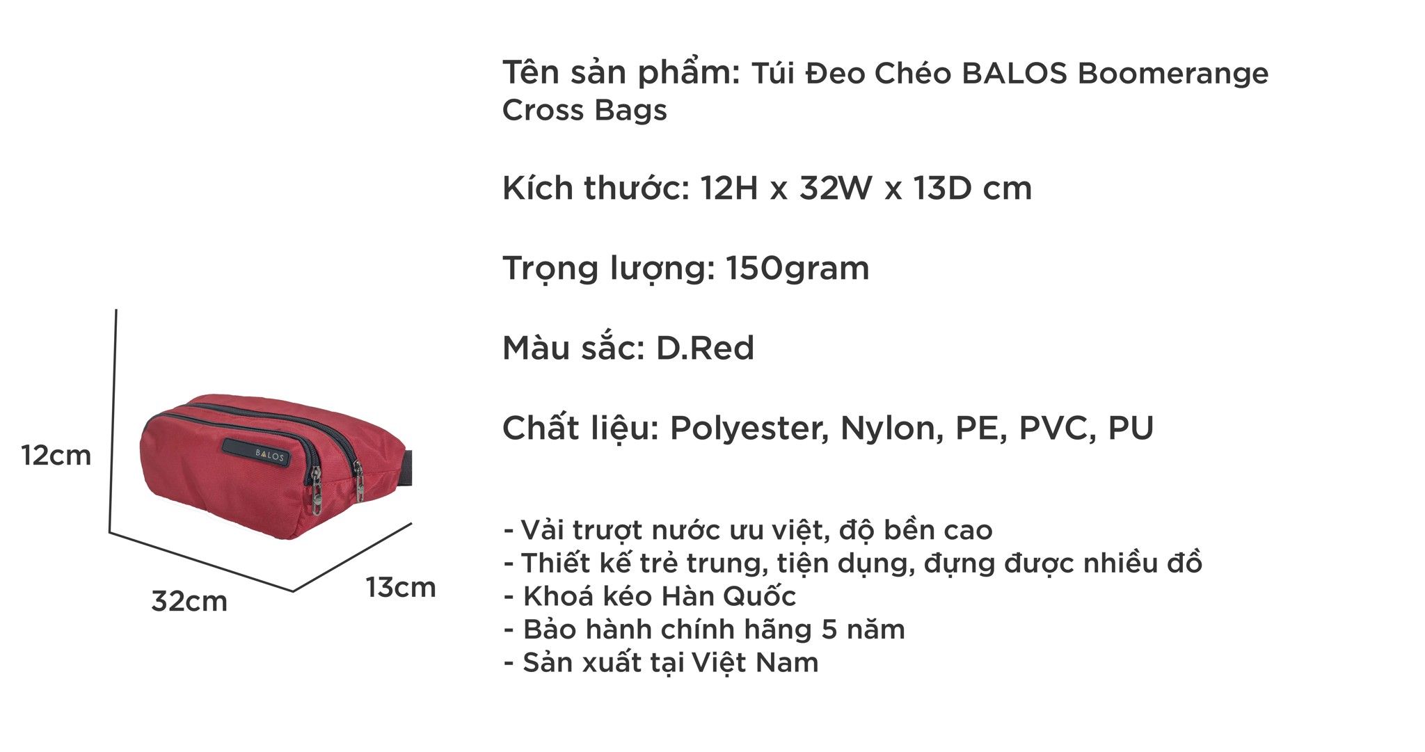  Balos BOOMERANGE Cross Bags D.Red - Túi đeo chéo thời trang 