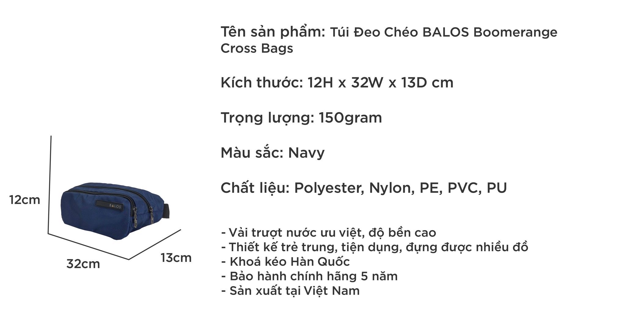  Balos BOOMERANGE Cross Bags Navy - Túi đeo chéo thời trang 
