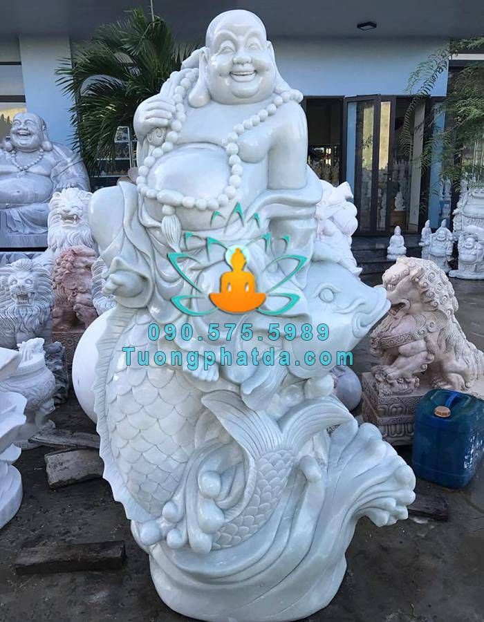 Tượng Phật Di Lặc Cưỡi Cá Chép Đá Trắng Nguyên Khối
