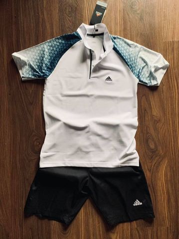 Bộ thê thao ADIDAS cổ bẻ vai xanh