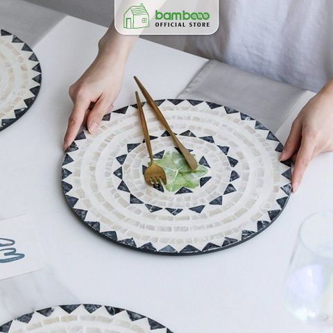 Tấm lót bàn ăn khảm trai BAMBOO HOME lót ấm chén trà đan thủ công hình tròn decor trang trí