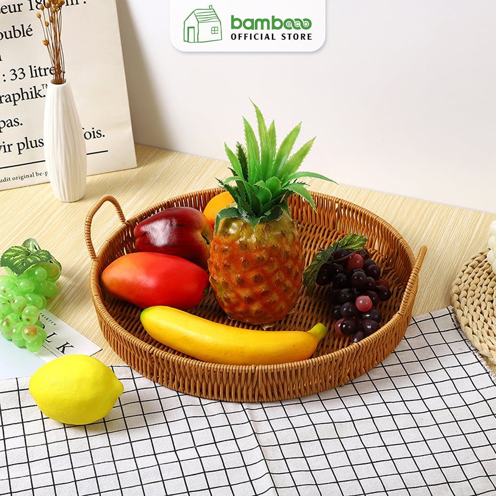Khay Nhựa Tròn Đựng Đồ Có Quai Xách BAMBOOO ECO Đan Thủ Công Bằng Tay - Chất Liệu Giả Mây