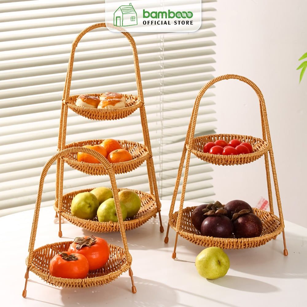 Khay bánh kẹo 1,2,3 tầng BAMBOOO ECO đan thủ công bằng sợi nhựa giả mây