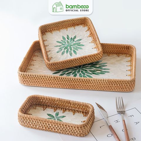 Khay Mây Khảm Trai Cao Cấp BAMBOO HOME Để Trái Cây Đồ Trang Sức Phong Cách Bắc Âu Để Trong Phòng Ngủ Phòng Khách Đa Năng