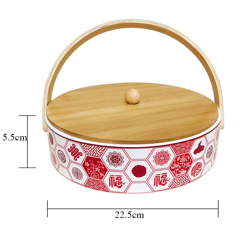Khay mứt, hộp mứt 4 ngăn bằng sứ nắp tre phong cách Bắc Âu - chất liệu cao cấp - Bamboo Home