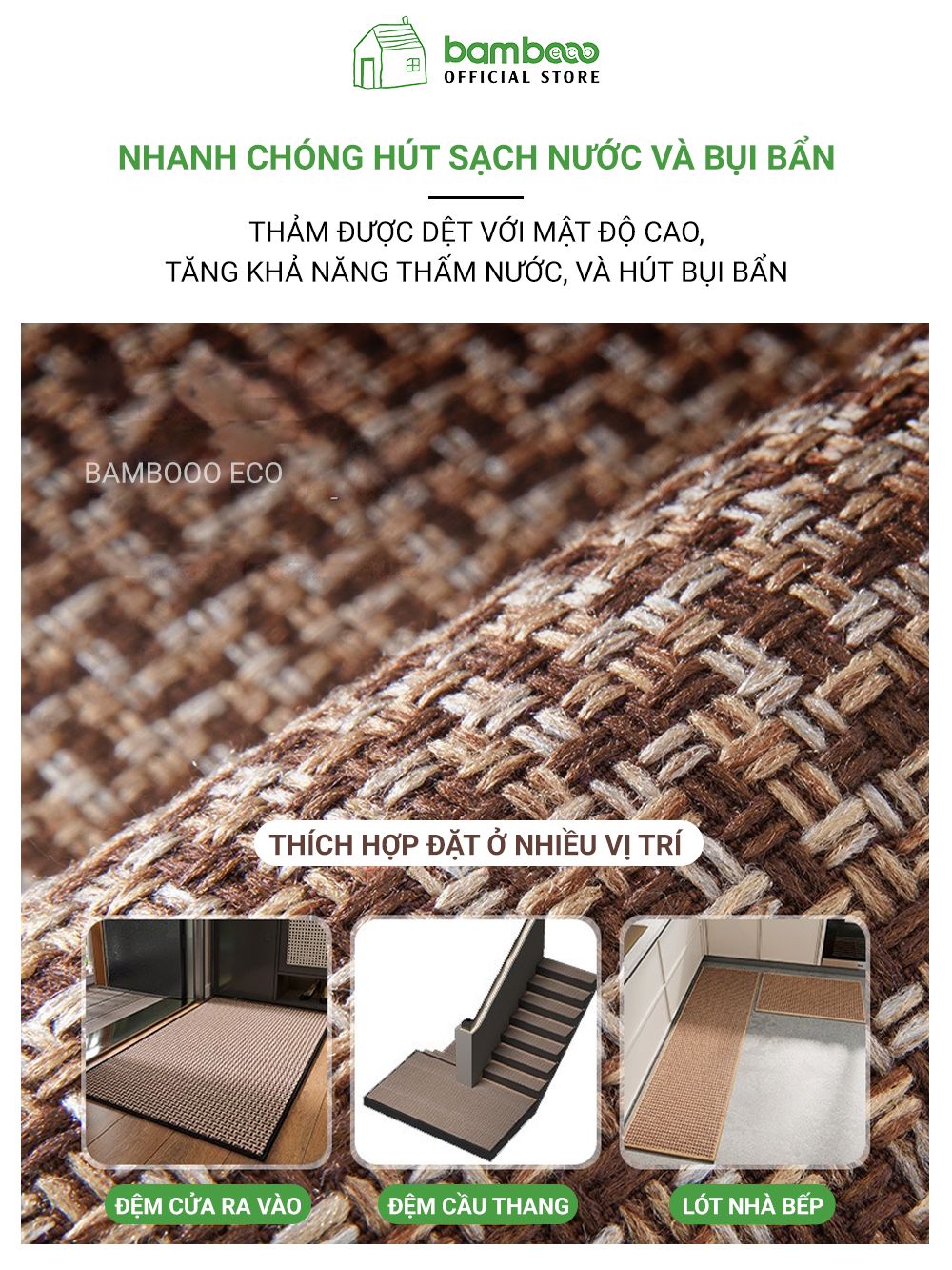 Thảm bếp 2024 sợi dệt thấm nước nhanh BAMBOOO ECO thảm trải sàn nhà bếp chống trơn trượt bằng cao su