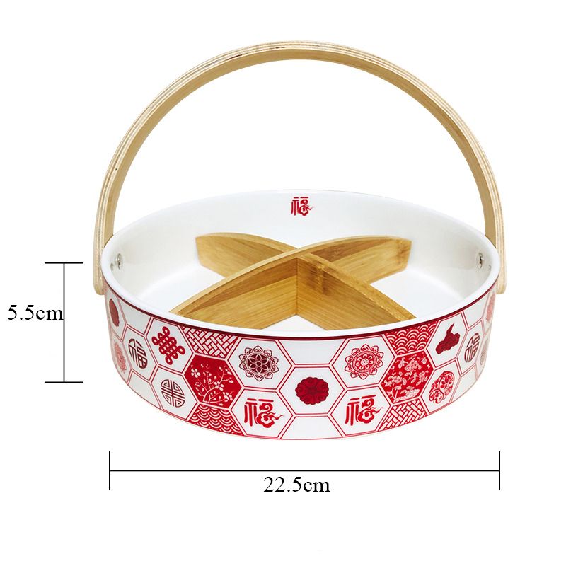 Khay mứt, hộp mứt 4 ngăn bằng sứ nắp tre phong cách Bắc Âu - chất liệu cao cấp - Bamboo Home