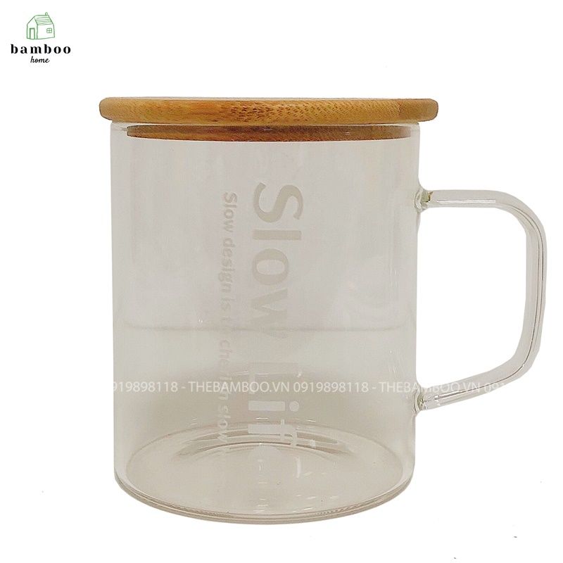 Cốc thủy tinh cao cấp có tay cầm kèm nắp gỗ - The bamboo