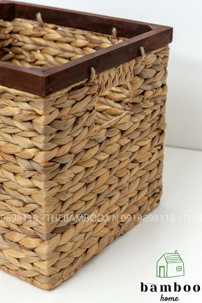 Giỏ bèo lục bình vuông có khung gỗ - Giỏ mây tre - The bamboo