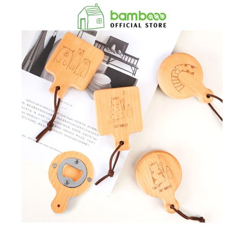 Dụng cụ mở nắp chai BAMBOO HOME Khui bia bằng gỗ họa tiết dễ thương có nam châm hút tiện lợi dùng cho nhà hàng khách sạn