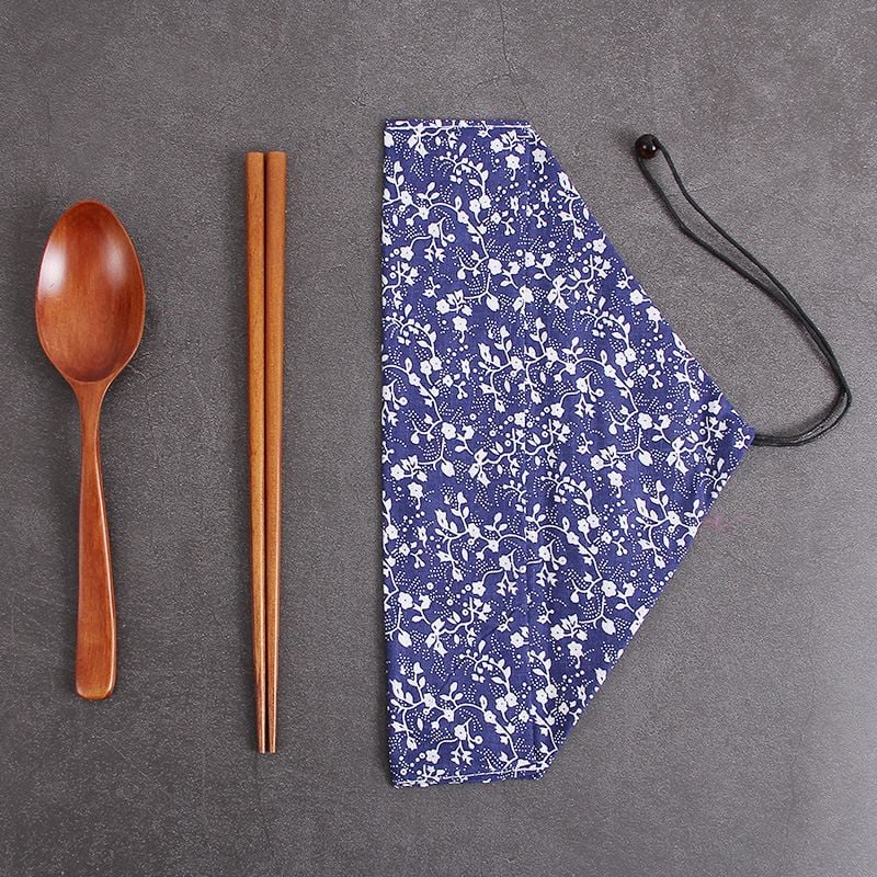 Bộ đũa thìa gỗ kèm túi vải - phong cách Nhật Bản - The bamboo