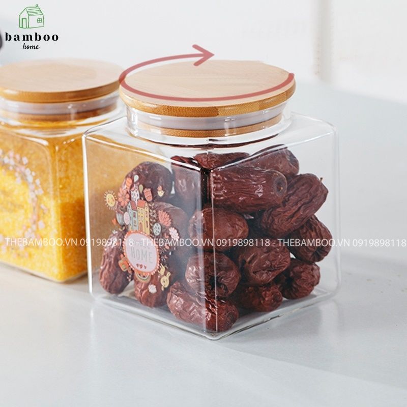 H-5052 Lọ thủy tinh vuông hũ thủy tinh nắp gỗ đựng đồ khô, gia vị - The bamboo