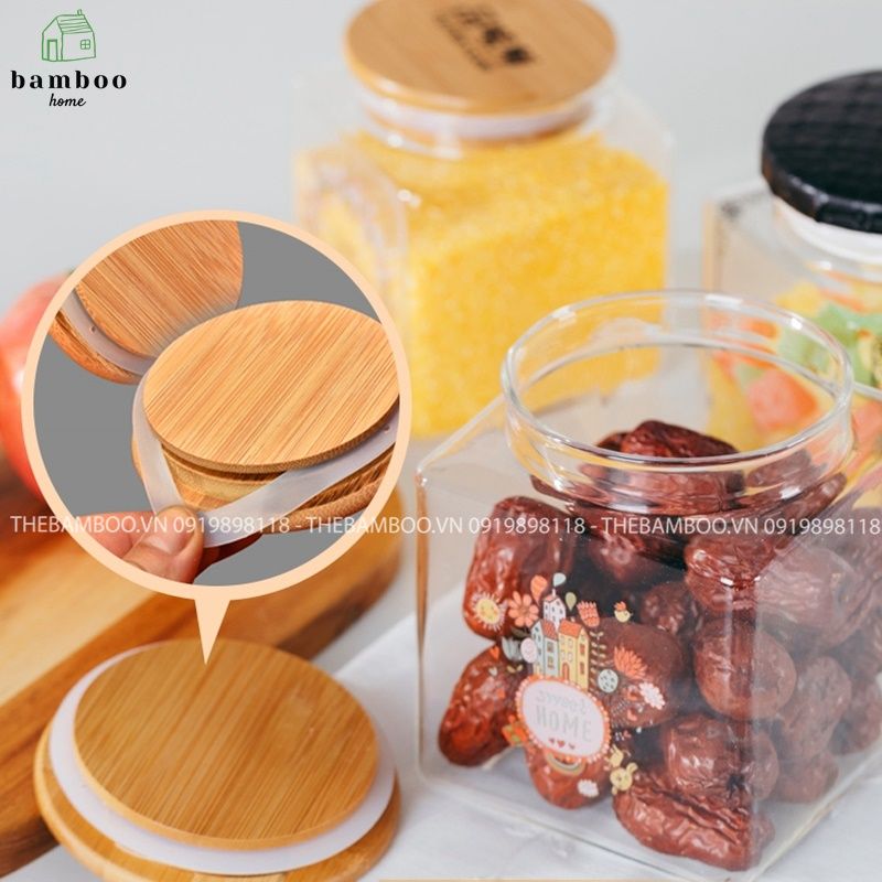 H-5052 Lọ thủy tinh vuông hũ thủy tinh nắp gỗ đựng đồ khô, gia vị - The bamboo