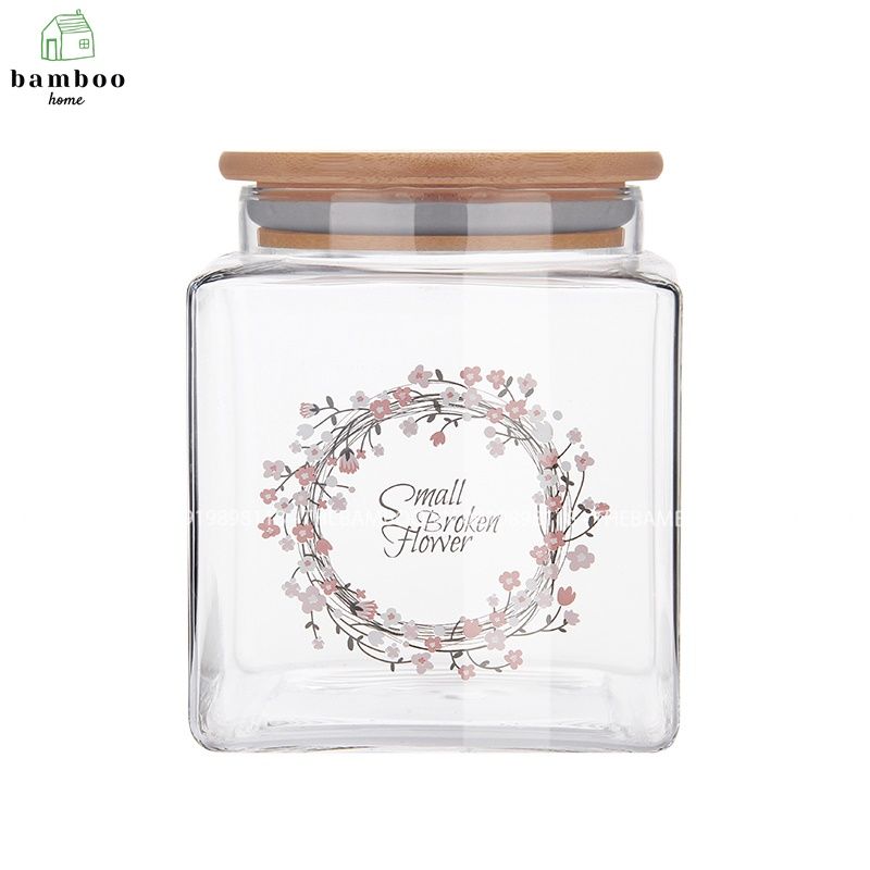 H-5052 Lọ thủy tinh vuông hũ thủy tinh nắp gỗ đựng đồ khô, gia vị - The bamboo