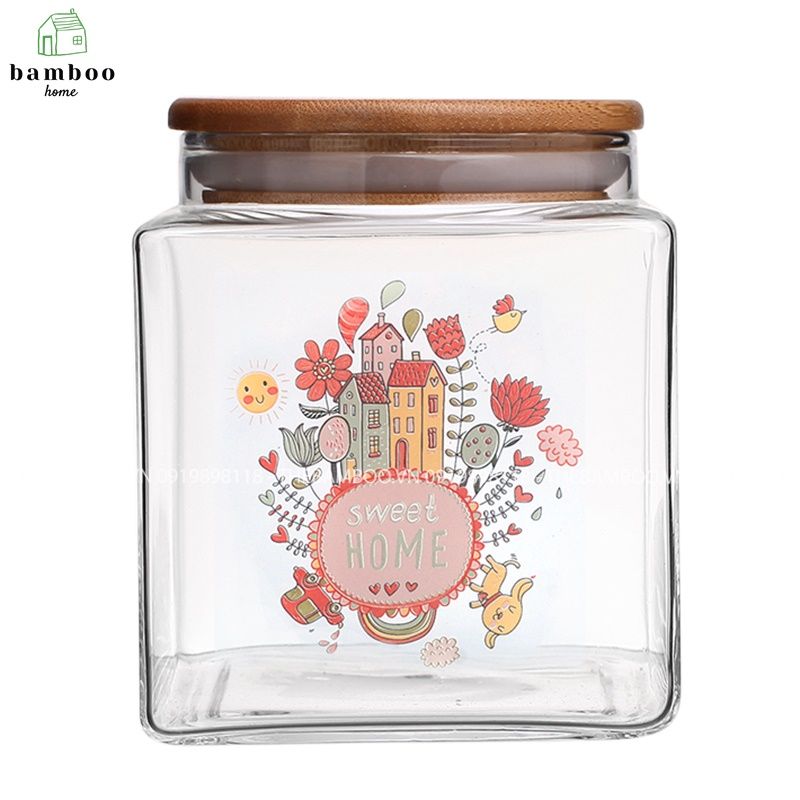 H-5052 Lọ thủy tinh vuông hũ thủy tinh nắp gỗ đựng đồ khô, gia vị - The bamboo