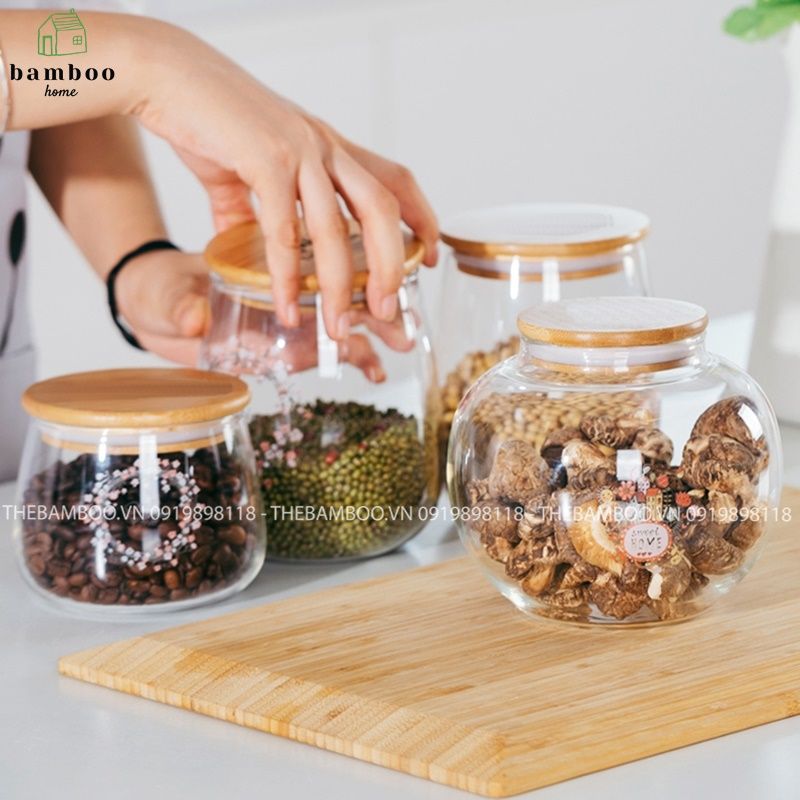H-1082 Lọ thủy tinh tròn ngắn nắp gỗ - Hũ thủy tinh nắp gỗ - The bamboo