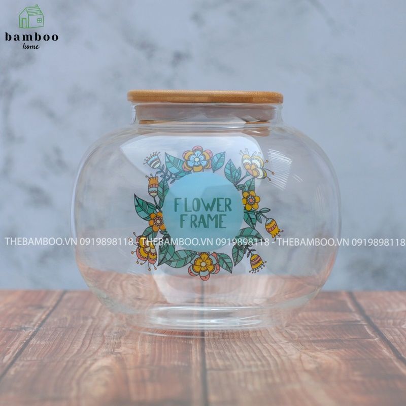 H-1082 Lọ thủy tinh tròn ngắn nắp gỗ - Hũ thủy tinh nắp gỗ - The bamboo