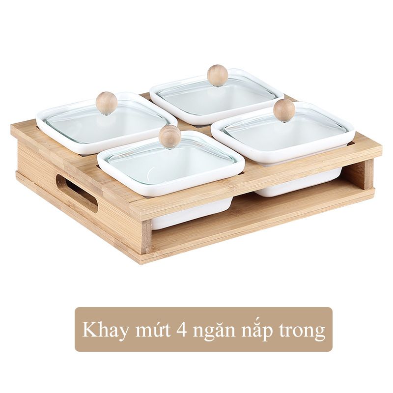 Khay tre sứ nắp trong cao cấp sử dụng đựng mứt Tết, trái cây, trang trí bàn tiệc