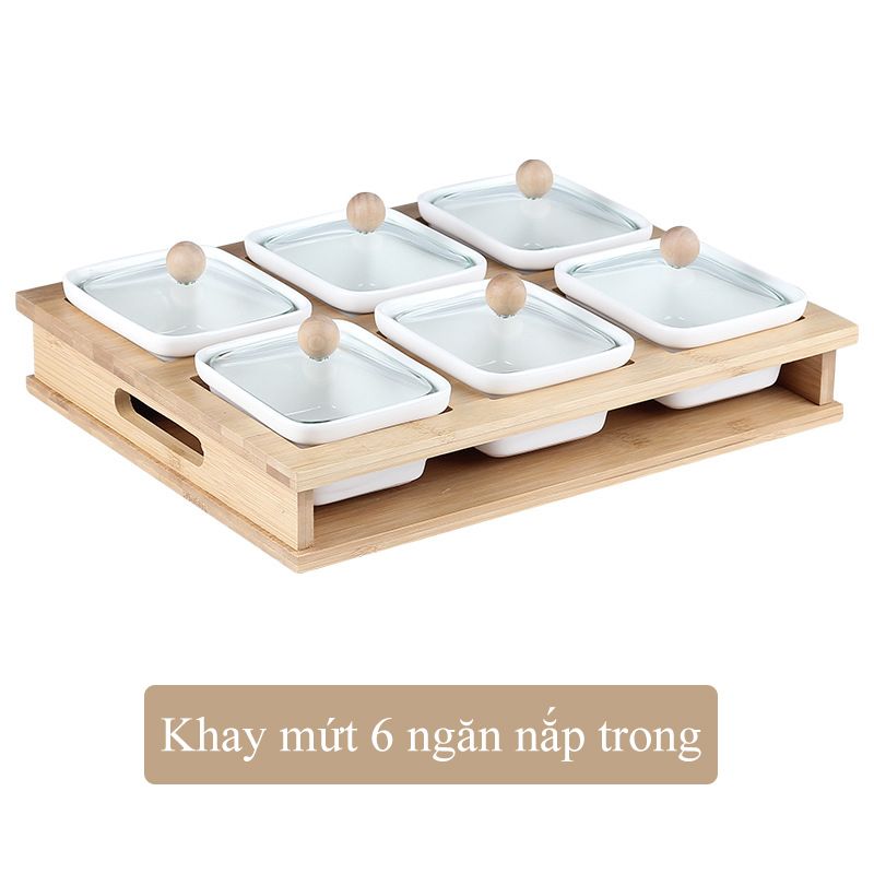 Khay sứ đựng mứt nắp tre có tay cầm cao cấp