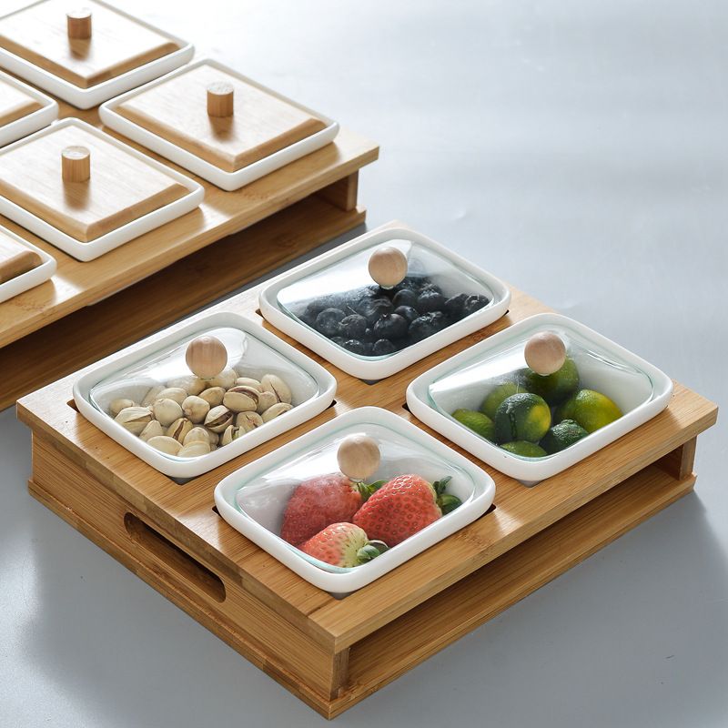 Khay tre sứ nắp trong cao cấp sử dụng đựng mứt Tết, trái cây, trang trí bàn tiệc