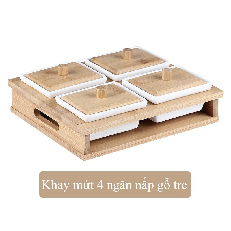 Khay sứ đựng mứt nắp tre có tay cầm cao cấp