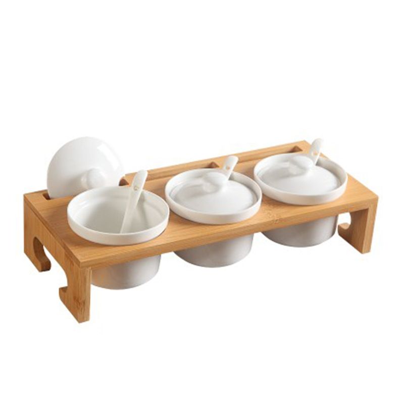 Bộ kệ đựng gia vị bằng sứ kèm khay gỗ, muỗng có nắp cao cấp - bộ hũ đựng gia vị sứ - The bamboo