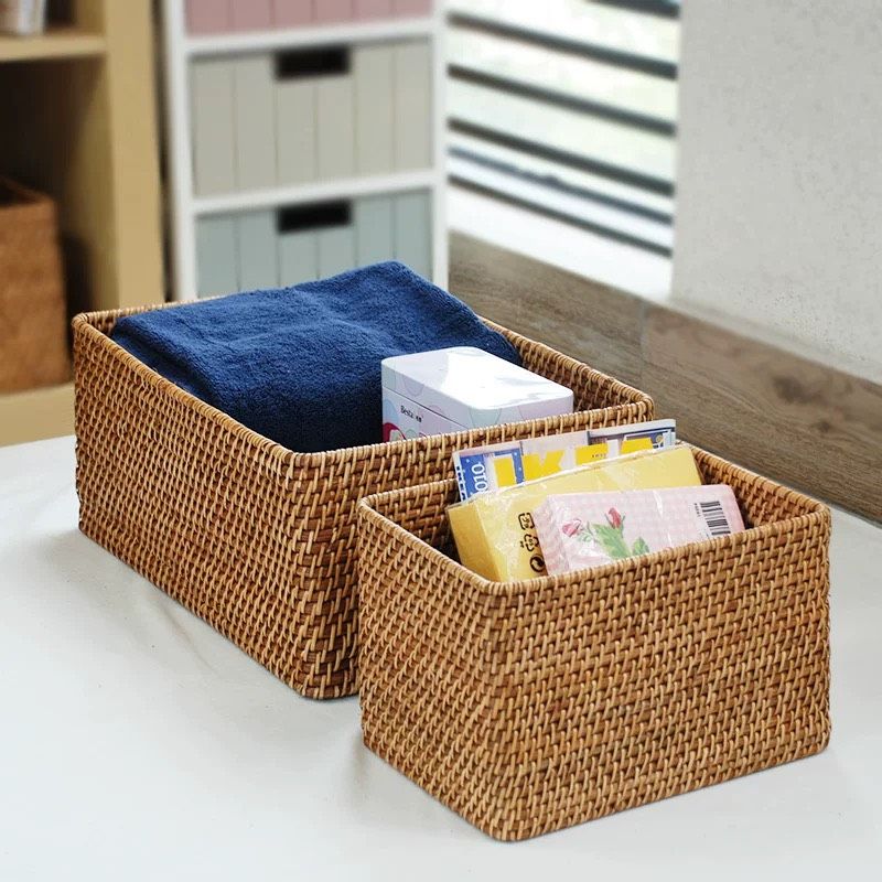K001074 Giỏ mây tre đan chữ nhật lớn có tay xách - Giỏ mây tre - The bamboo