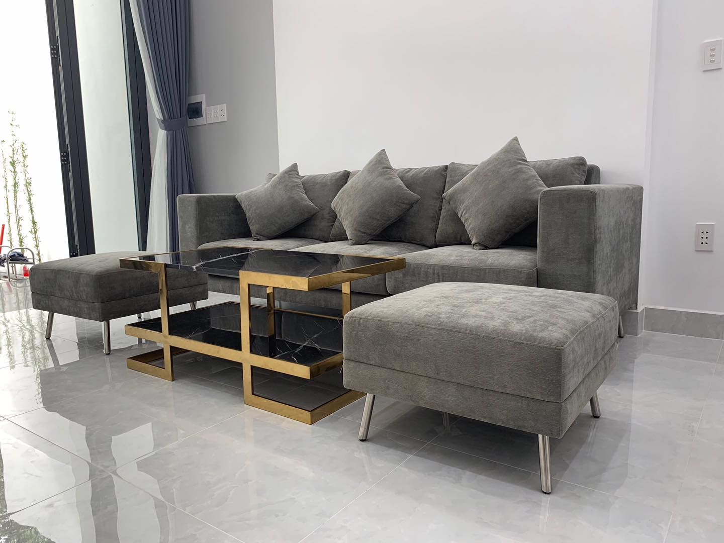 Bàn sofa chữ nhật 2 tầng đá đen