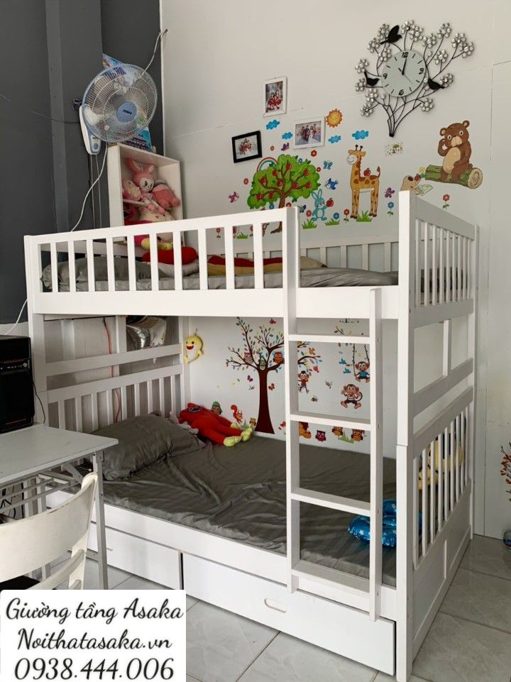 Giường 2 tầng A012 size 1m có hộc tủ màu vàng