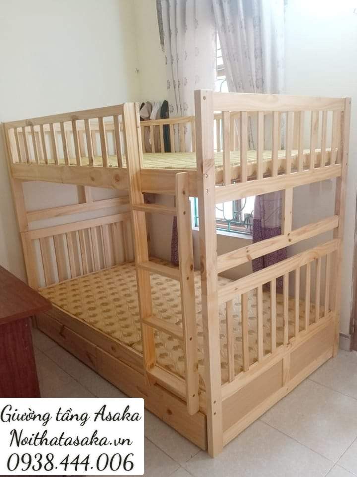 Giường 2 tầng A012 size 1m có hộc tủ màu tự nhiên