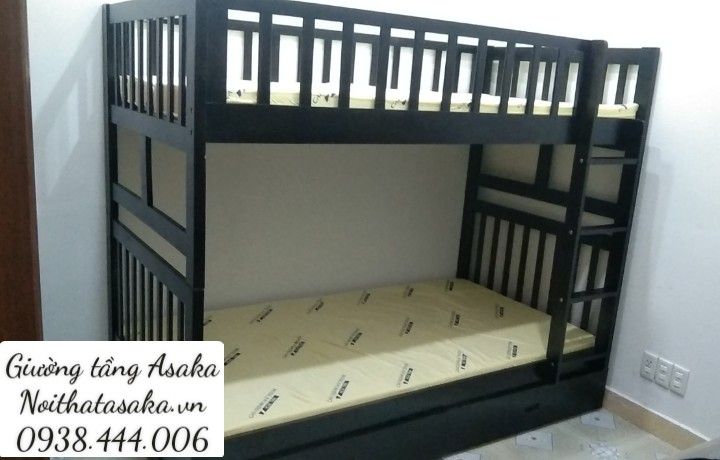 Giường 2 tầng A012 size 1m có hộc tủ màu tự nhiên