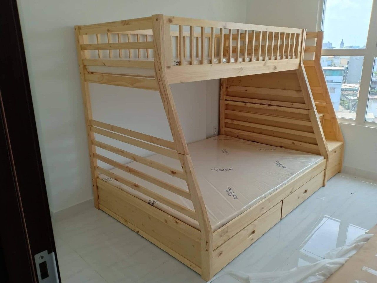 Giường tầng xuất khẩu a619 màu gỗ tự nhiên