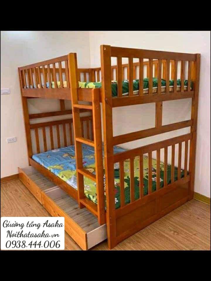 Giường 2 tầng A012 size 1m có hộc tủ màu tự nhiên