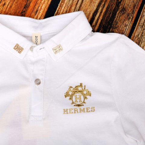 Áo thun ngắn tay cổ trụ in logo HERMES-trắng 