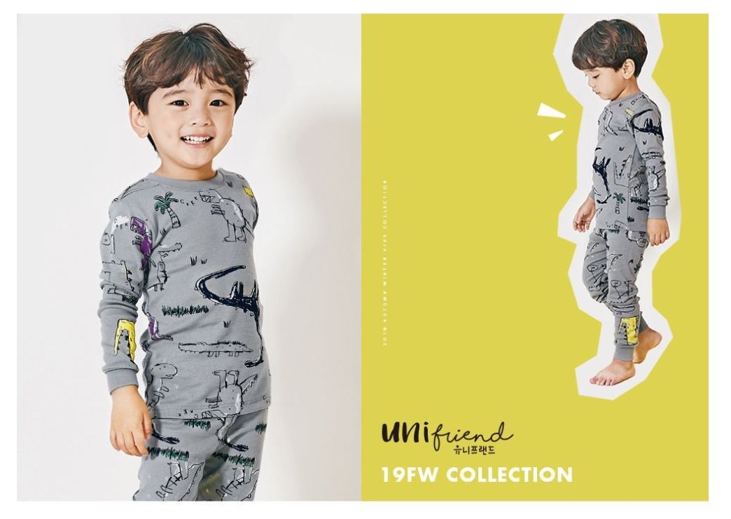 Bộ đồ bé trai Hàn Quốc uniFriend dài tay _ Grey Dino