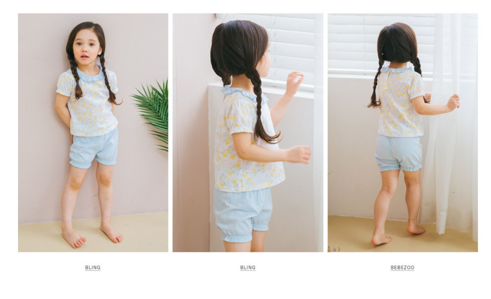 Bộ đồ bé gái Hàn Quốc Bebezoo cộc tay _ Hoa xanh blue