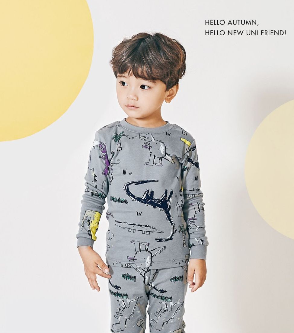 Bộ đồ bé trai Hàn Quốc uniFriend dài tay _ Grey Dino