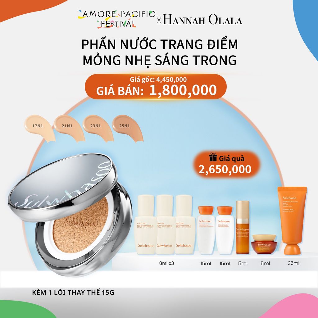 D90_DEAL 8: PHẤN NƯỚC TRANG ĐIỂM MỎNG NHẸ SÁNG TRONG (TẶNG KÈM LÕI THAY THẾ) SULWHASOO PERFECTING CUSHION AIRY 15GX2